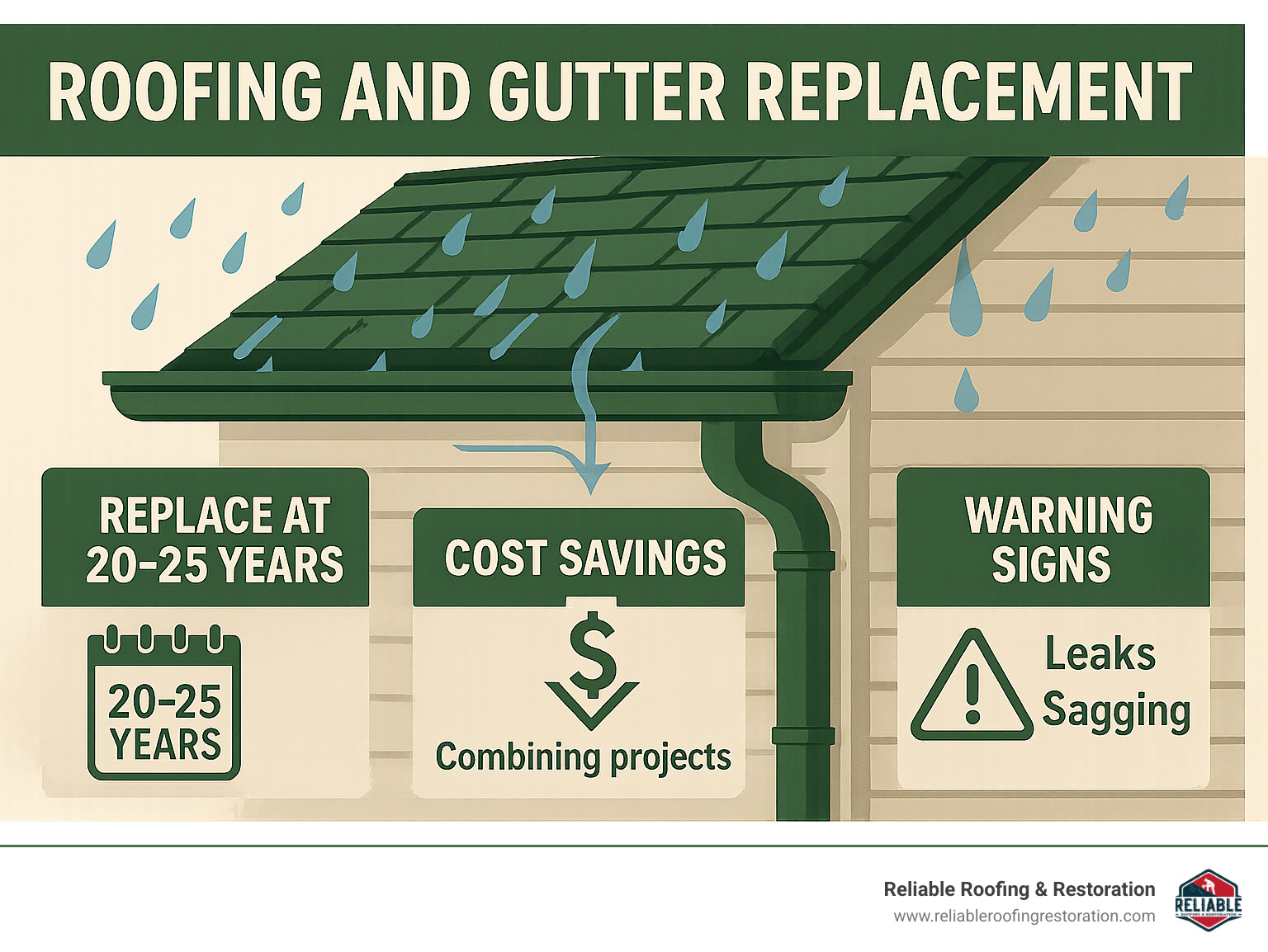 Don't Go Down the Gutter: Timing Your Roof and Gutter Replacement 1 Roof and gutter system showing water flow path from roof through gutters to downspouts, with timeline indicators for replacement at 20-25 years, cost savings of combined projects, and warning signs like leaks and sagging - Roofing and gutter replacement infographic