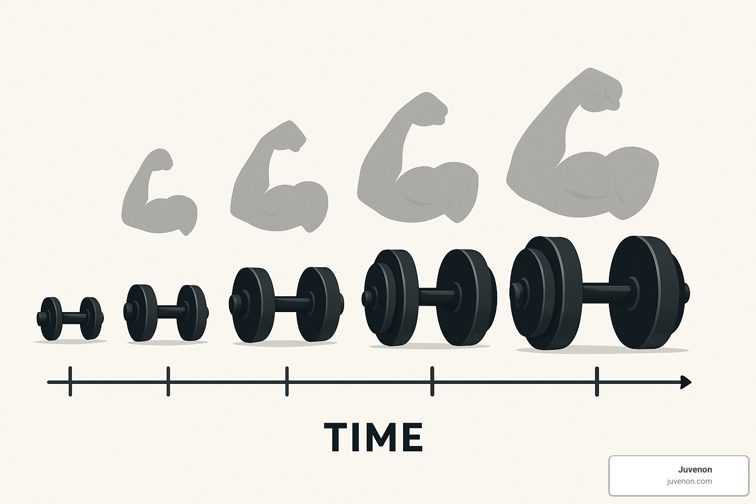 dumbbell timeline showing progressive muscle gains - how long does it take for testosterone booster to work