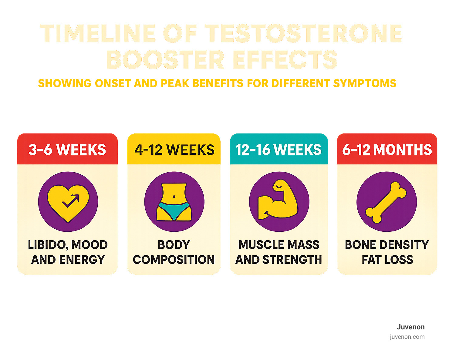 Timeline of testosterone booster effects showing onset and peak benefits for different symptoms - how long does it take for testosterone booster to work infographic 
