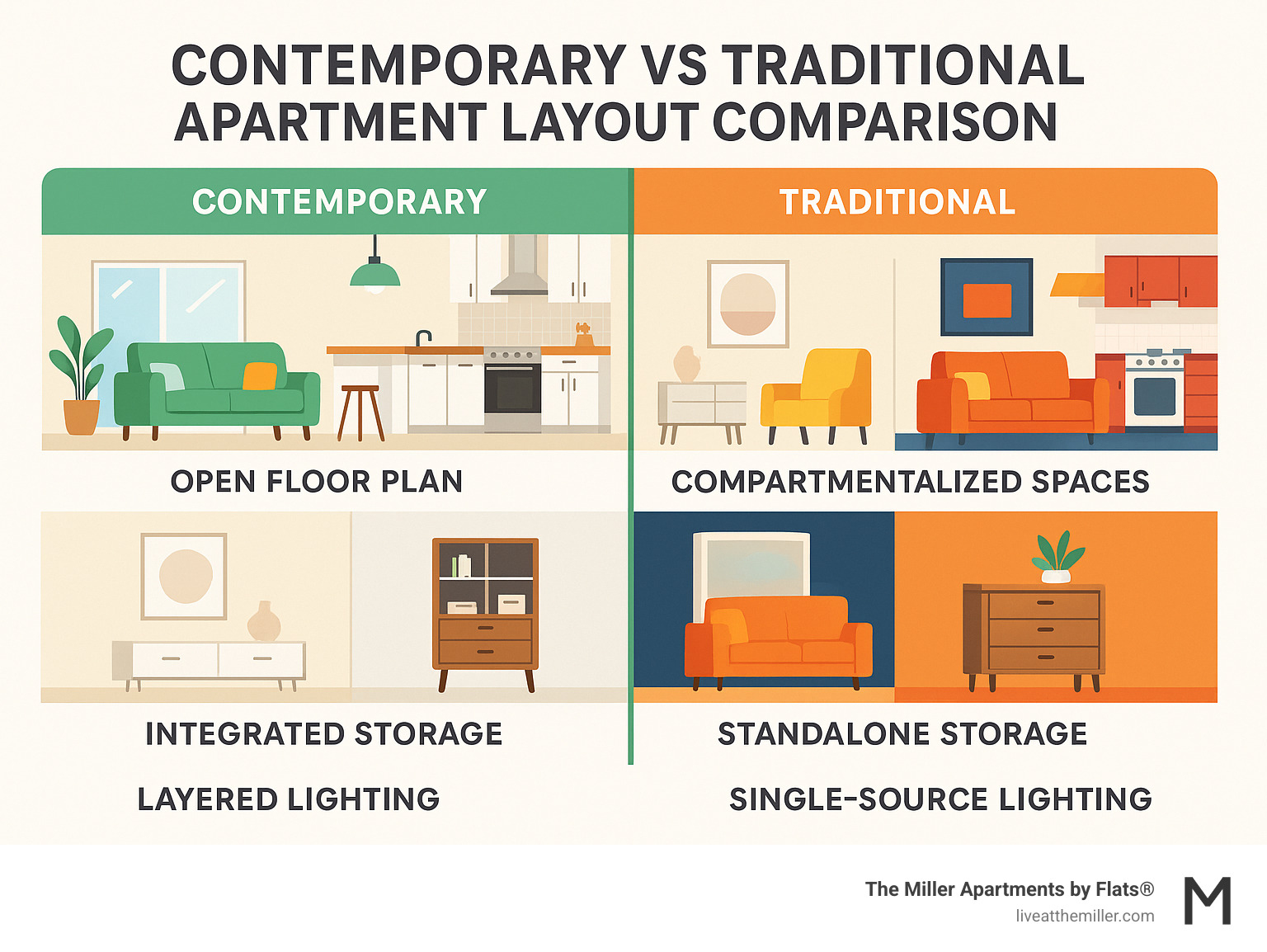 Contemporary vs Traditional Apartment Layout Comparison showing open floor plans vs compartmentalized spaces, neutral vs bold color schemes, integrated vs standalone storage, and layered vs single-source lighting - contemporary modern apartment interior design infographic 