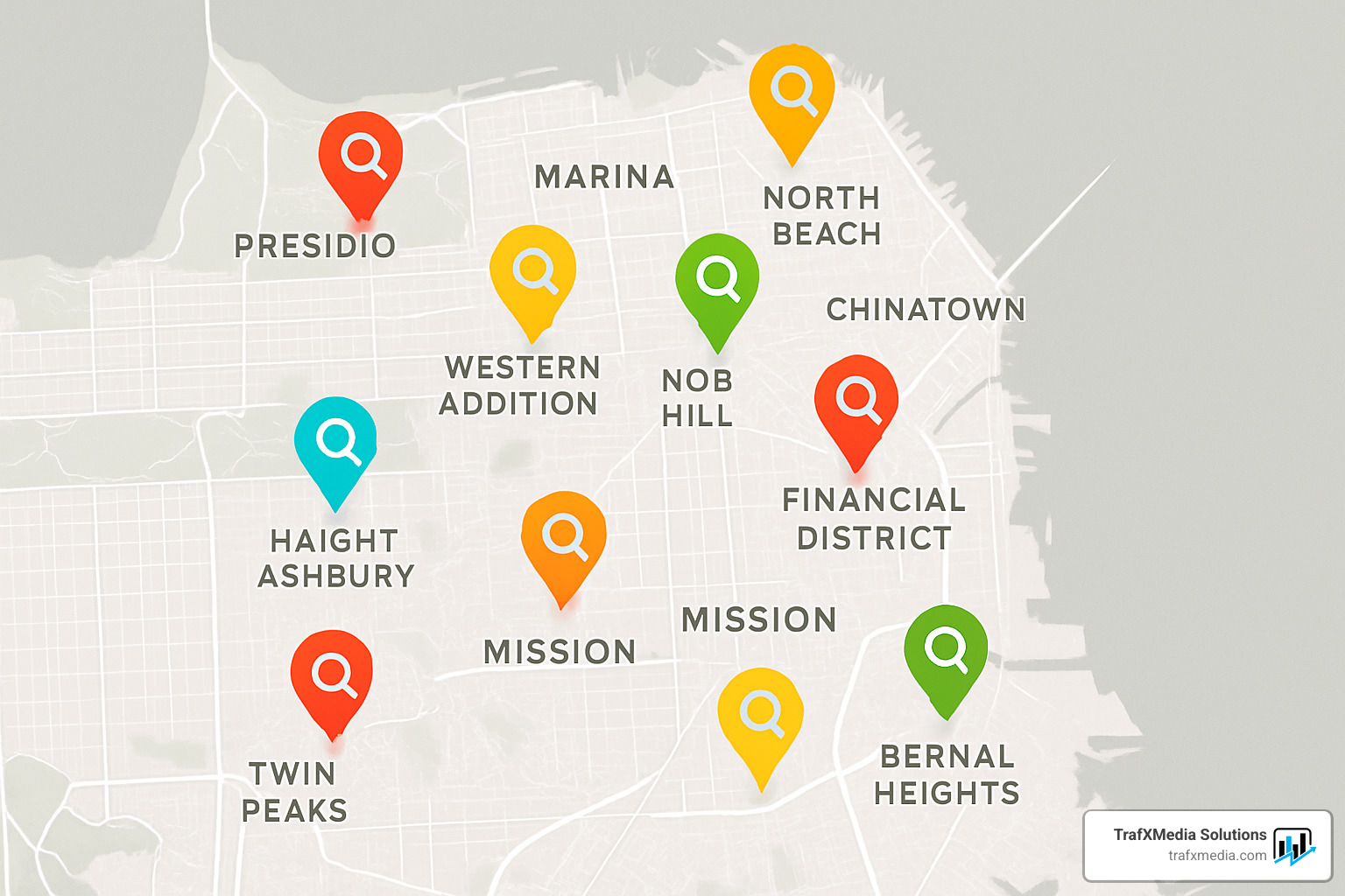 san francisco neighborhoods map with search icons - local seo san francisco