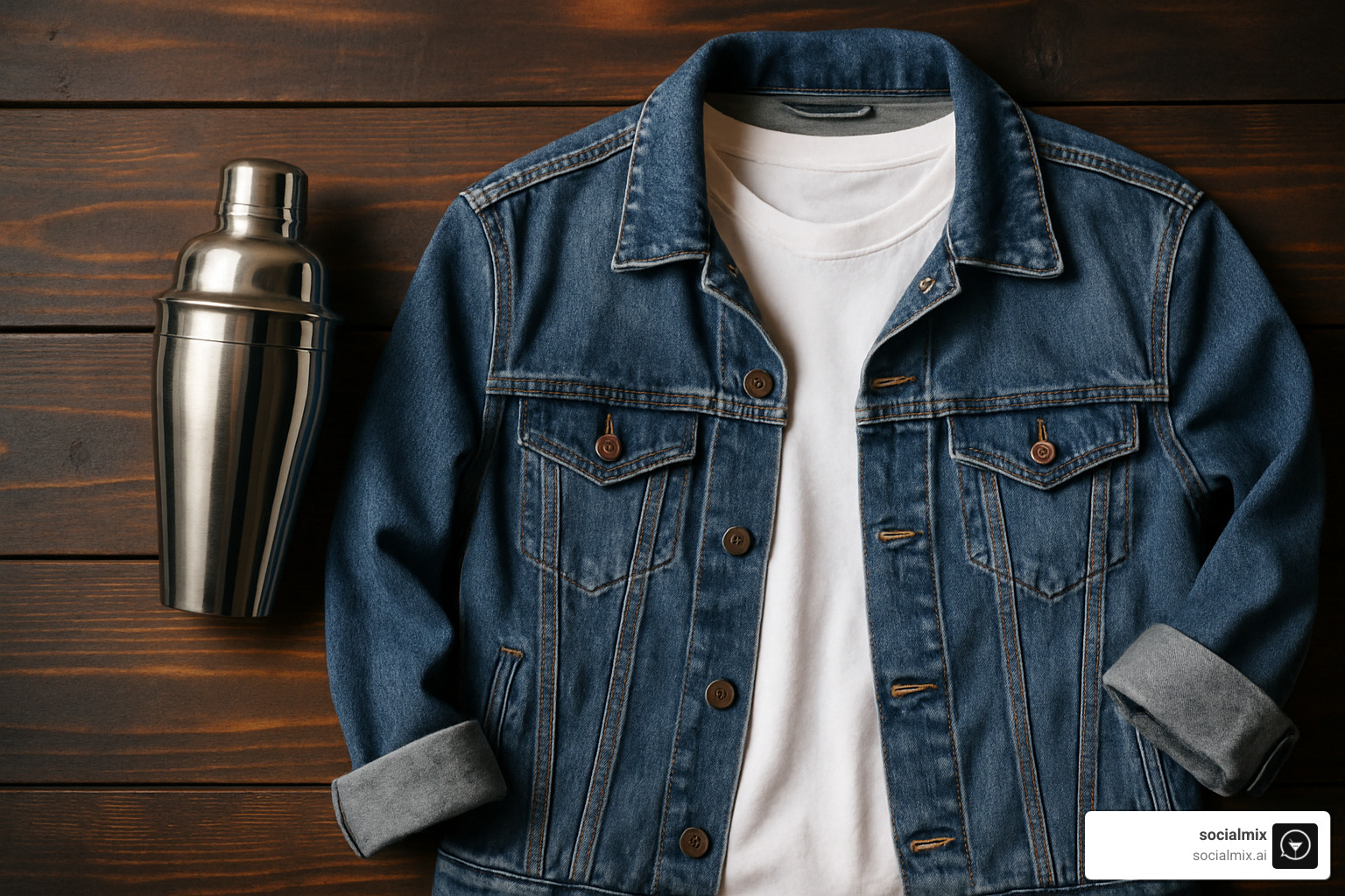 cocktail shaker next to outfit flat-lay featuring denim jacket and white tee - Casual bar outfit ideas