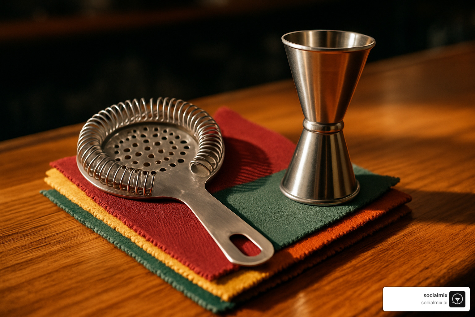 cocktail strainer and jigger next to seasonal fabric swatches - Casual bar outfit ideas
