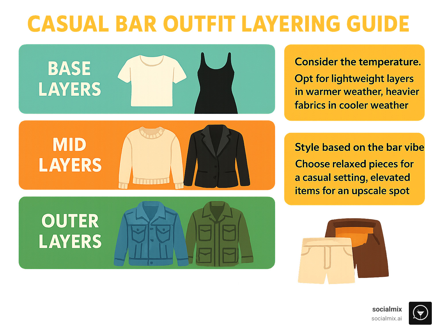 Casual bar outfit layering guide showing base layers, mid layers, and outer layers with temperature considerations and styling tips for different bar environments - Casual bar outfit ideas infographic 