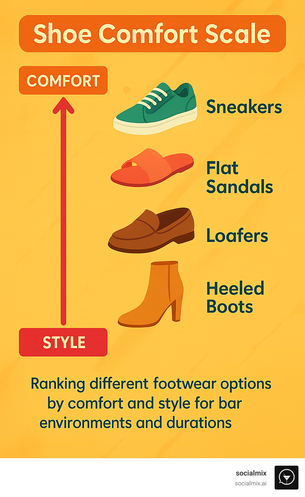 Shoe comfort scale showing different footwear options ranked by comfort and style for different bar environments and durations - Casual bar outfit ideas infographic 