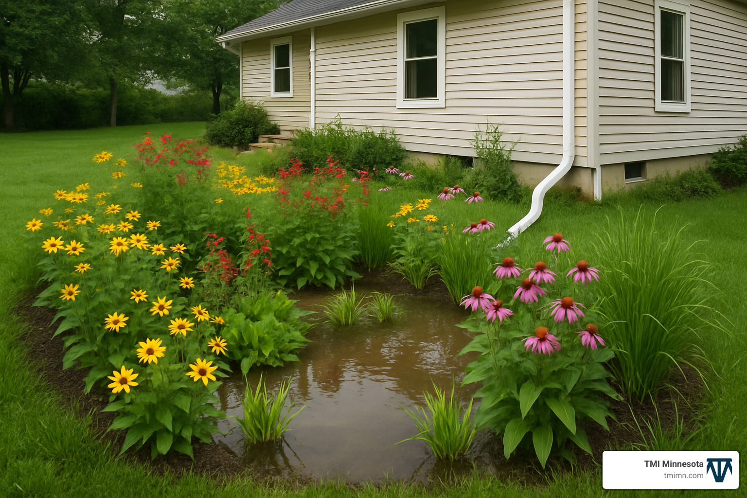 rain garden with native plants capturing roof runoff - sustainable landscaping techniques