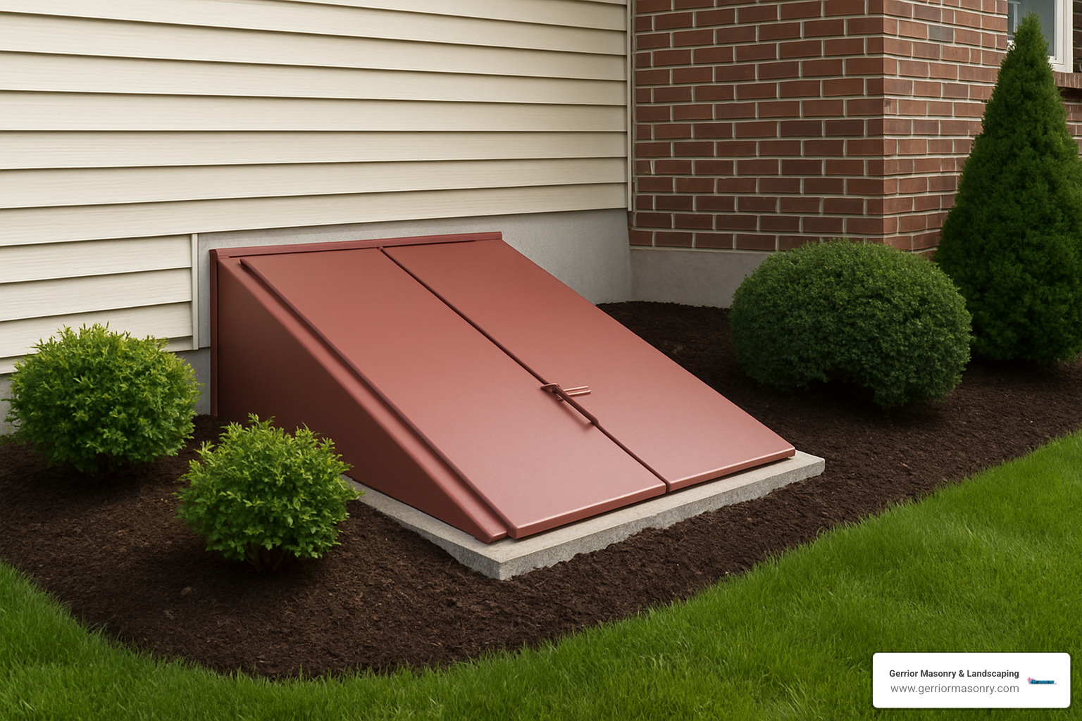 finished basement bulkhead door with landscaping - basement door replacement cost