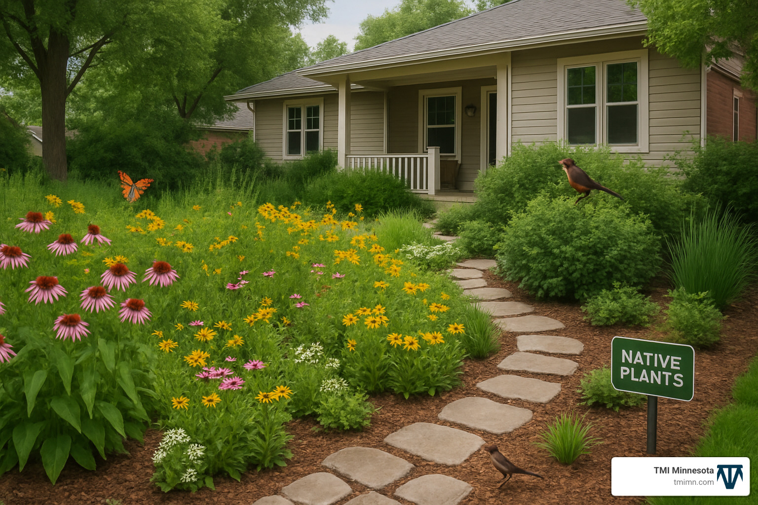 sustainable landscape with native plants and rain garden - sustainable landscaping techniques