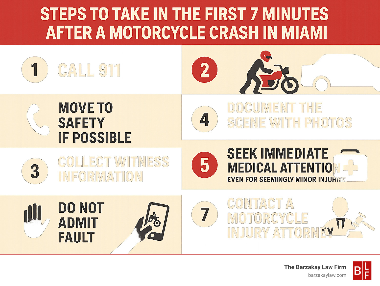 Steps to take in the first 7 minutes after a motorcycle crash in Miami, including: 1) Call 911, 2) Move to safety if possible, 3) Document the scene with photos, 4) Collect witness information, 5) Seek immediate medical attention even for seemingly minor injuries, 6) Do not admit fault, 7) Contact a motorcycle injury attorney - Motorcycle injury lawyer Miami infographic Steps to take in the first 7 minutes after a motorcycle crash in Miami, including: 1) Call 911, 2) Move to safety if possible, 3) Document the scene with photos, 4) Collect witness information, 5) Seek immediate medical attention even for seemingly minor injuries, 6) Do not admit fault, 7) Contact a motorcycle injury attorney - Motorcycle injury lawyer Miami infographic