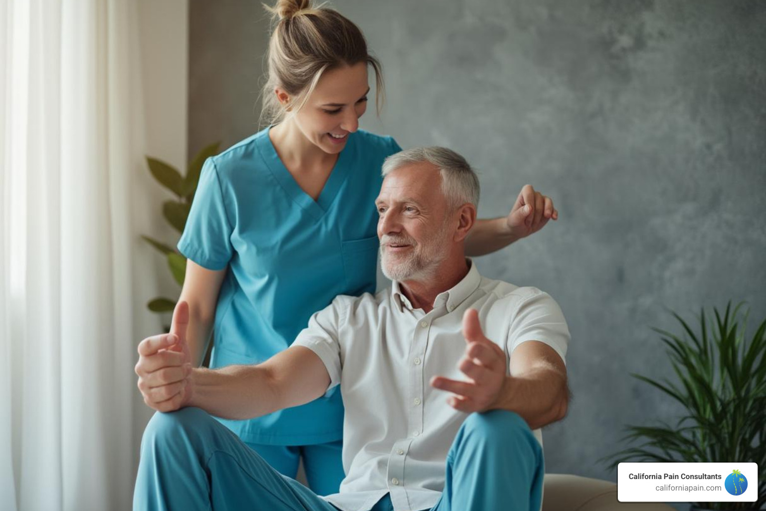 Physical therapist guiding patient through gentle recovery exercises - nerve ablation recovery time