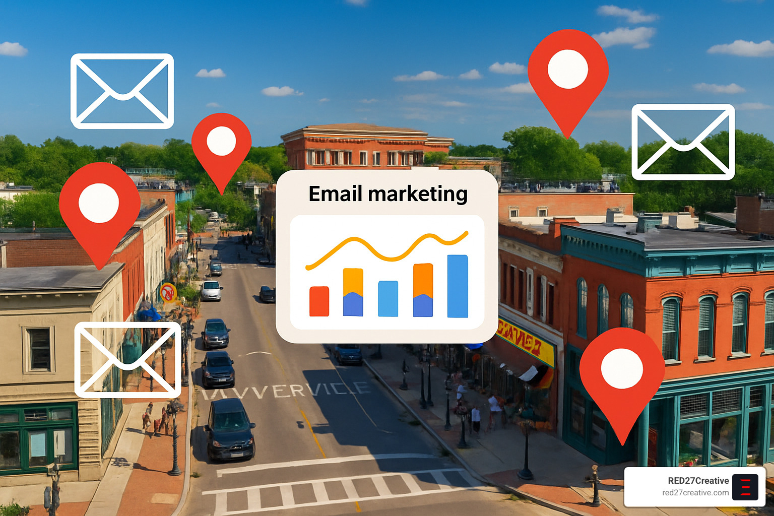 Naperville Email Marketing Management Services That Actually Deliver • email marketing management services naperville • RED27Creative Naperville downtown business district with email campaign elements overlay - email marketing management services naperville