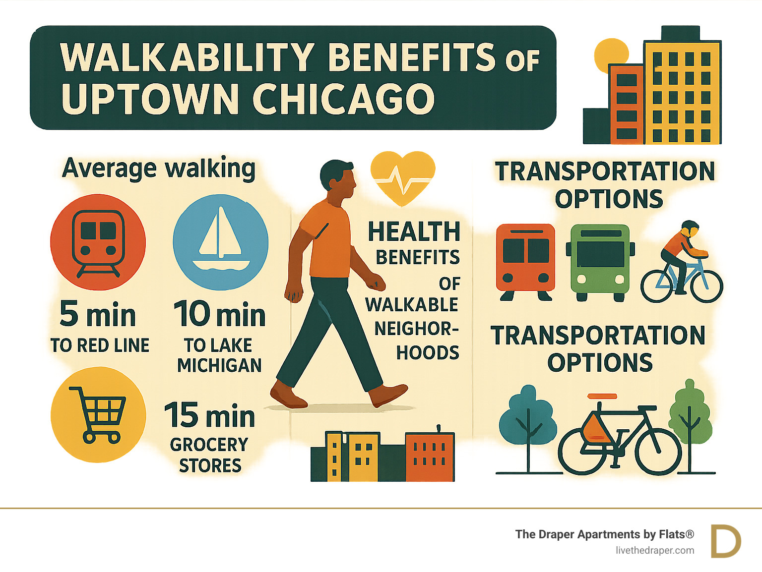 Infographic showing walkability benefits of Uptown Chicago including average walk times to key locations (5 min to Red Line, 10 min to Lake Michigan, 15 min to grocery stores), health benefits of walkable neighborhoods, and transportation options - High-rise apartments Uptown Chicago infographic 