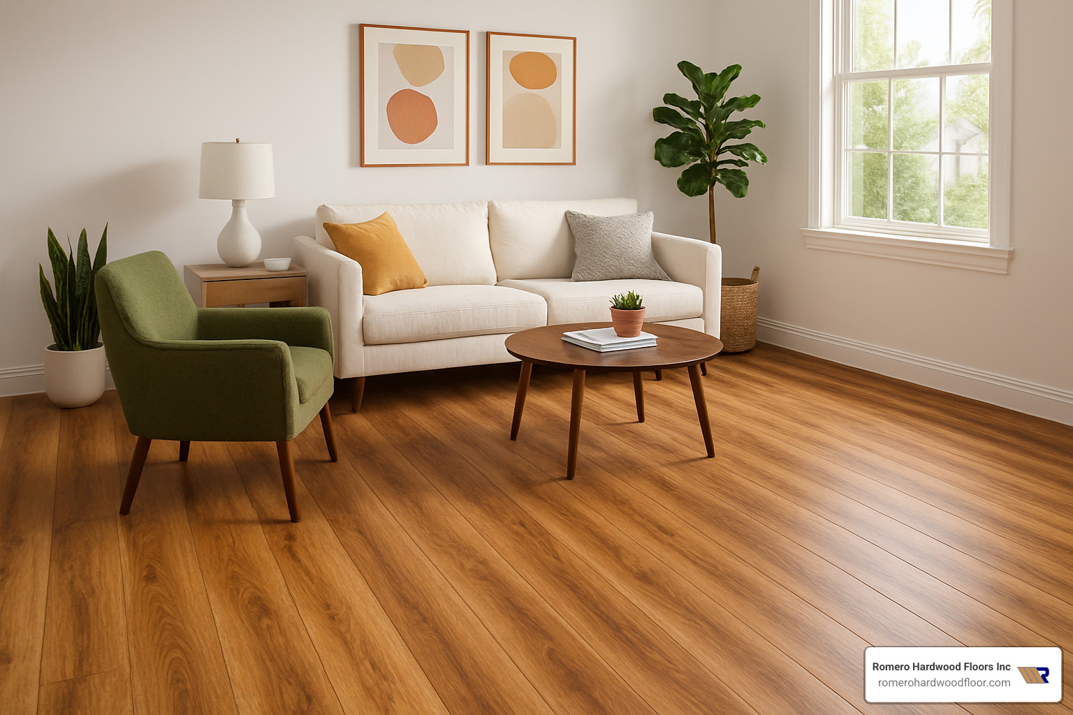 Luxury vinyl plank flooring in a modern living room - best fake hardwood floors