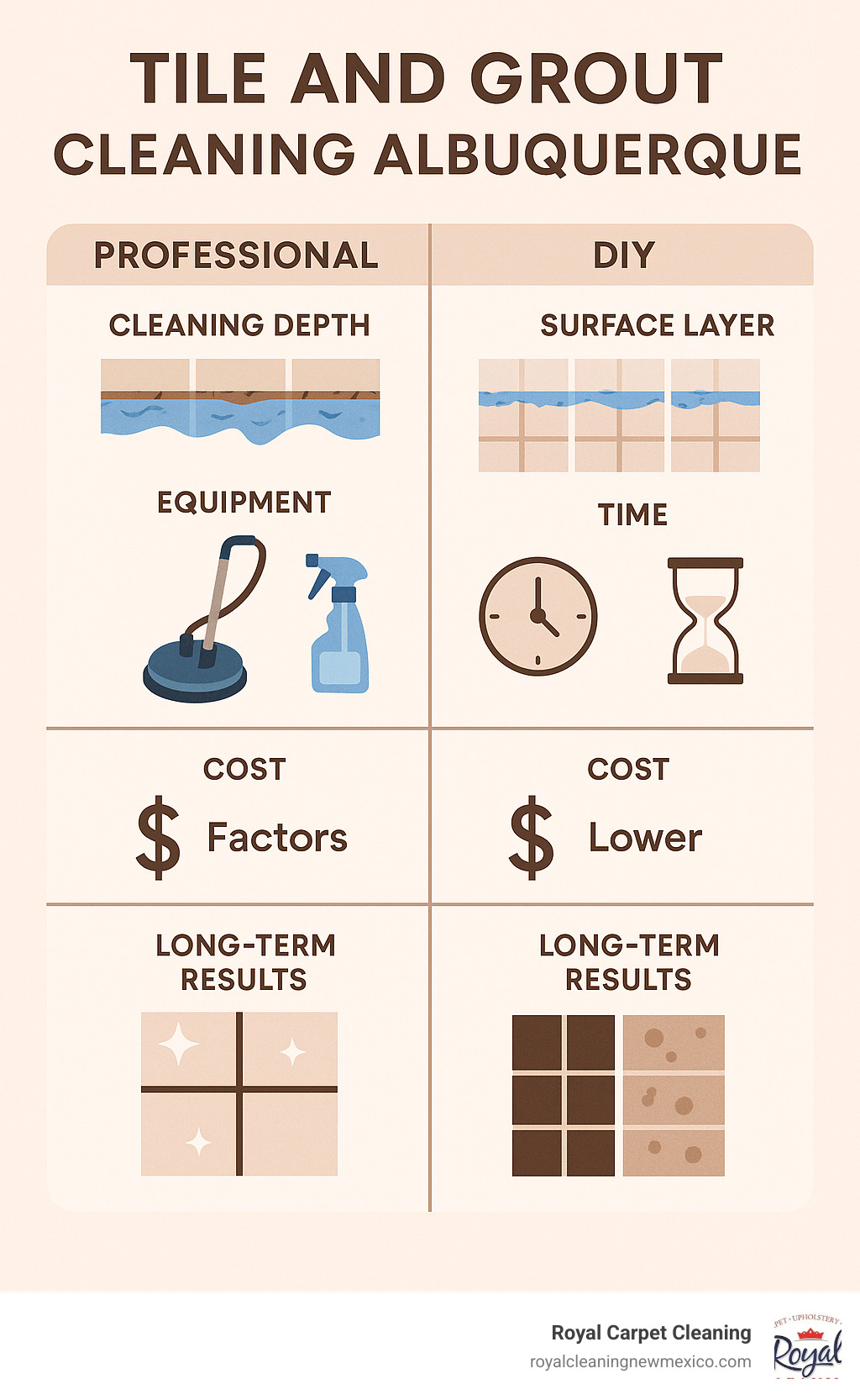 Comparison of professional vs DIY tile and grout cleaning showing the cleaning depth, equipment used, time requirements, cost factors, and long-term results with professional methods reaching deep into porous grout lines while DIY methods only clean surface layers - tile and grout cleaning albuquerque infographic 