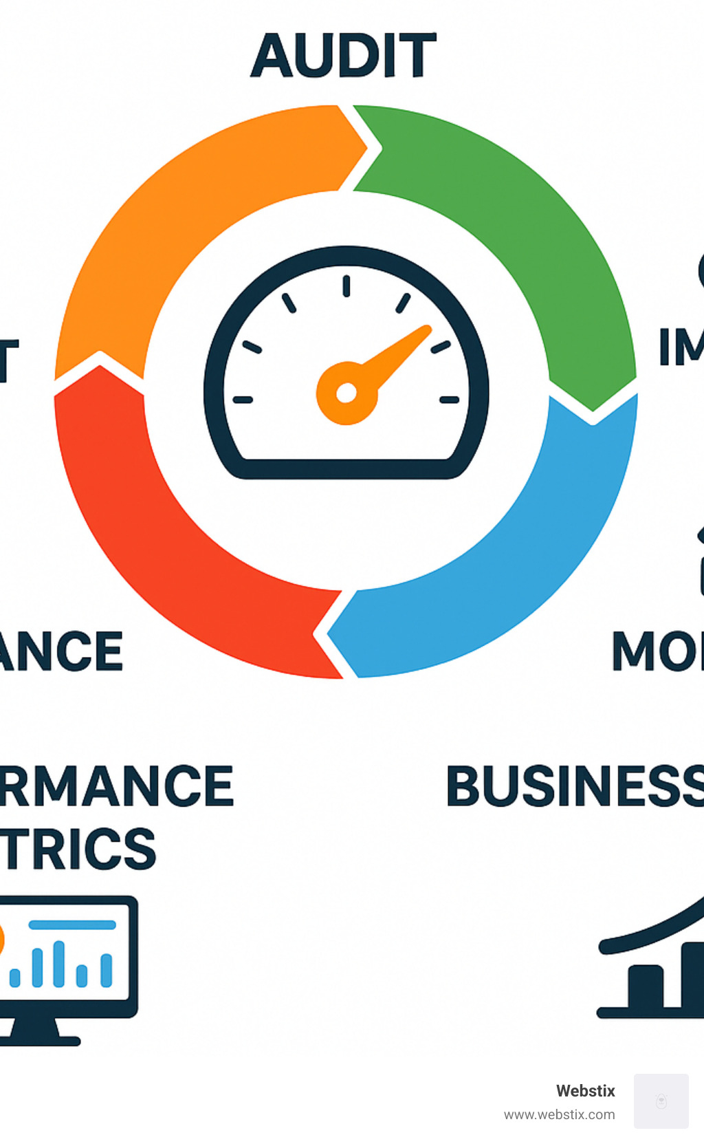 Website speed optimization cycle showing audit, implementation, monitoring, and maintenance with performance metrics and business impact - website speed optimization service infographic 