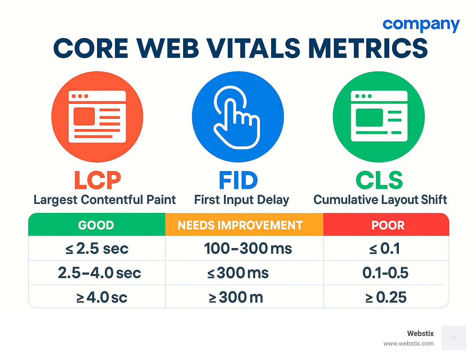 core web vitals metrics showing LCP, FID, and CLS with good, needs improvement, and poor thresholds - website speed optimization service infographic 
