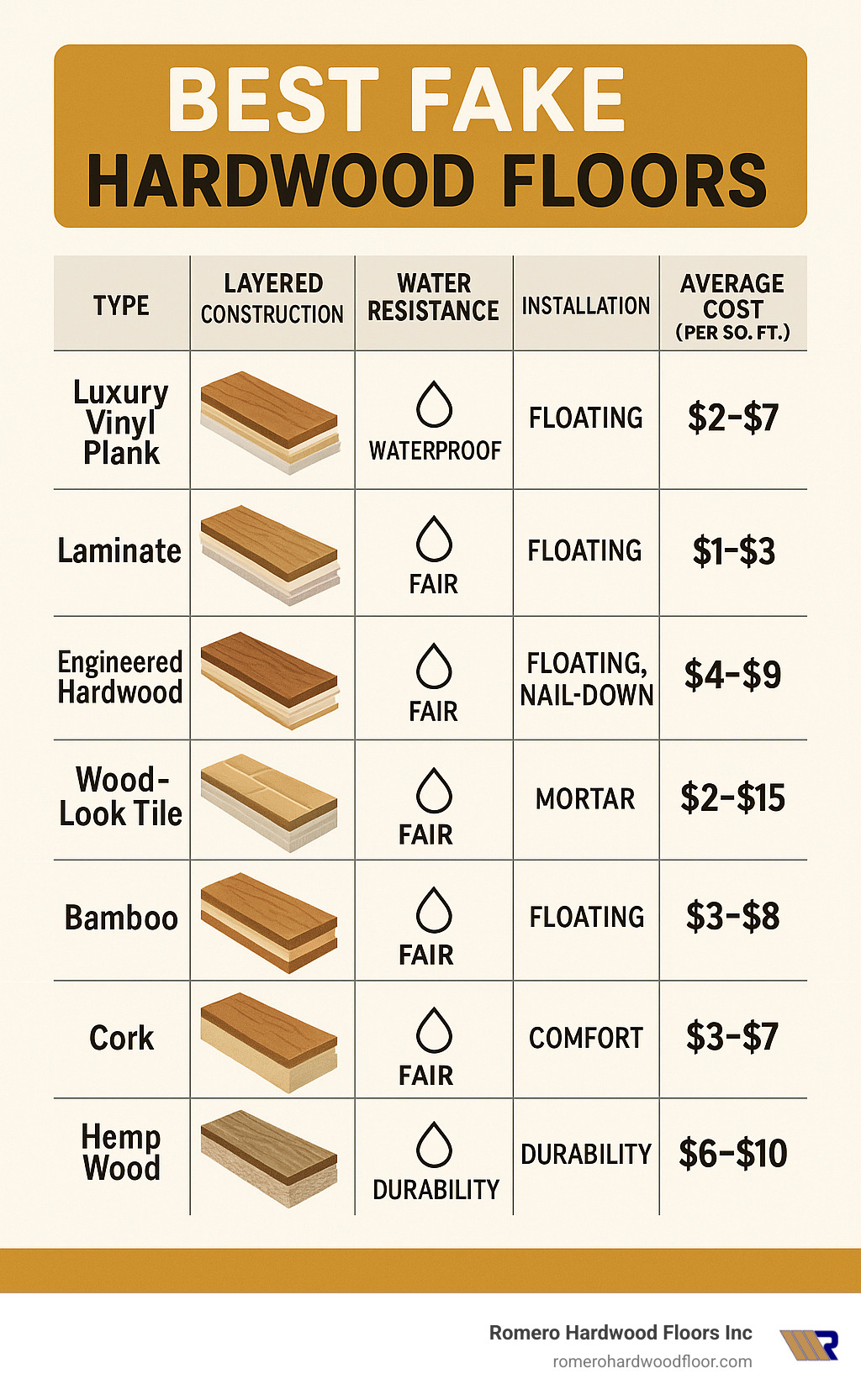 Comparison of fake hardwood floor types showing layered construction, water resistance, installation methods, average costs, and best applications for luxury vinyl plank, laminate, engineered hardwood, wood-look tile, bamboo, cork, and hemp wood flooring options - best fake hardwood floors infographic 