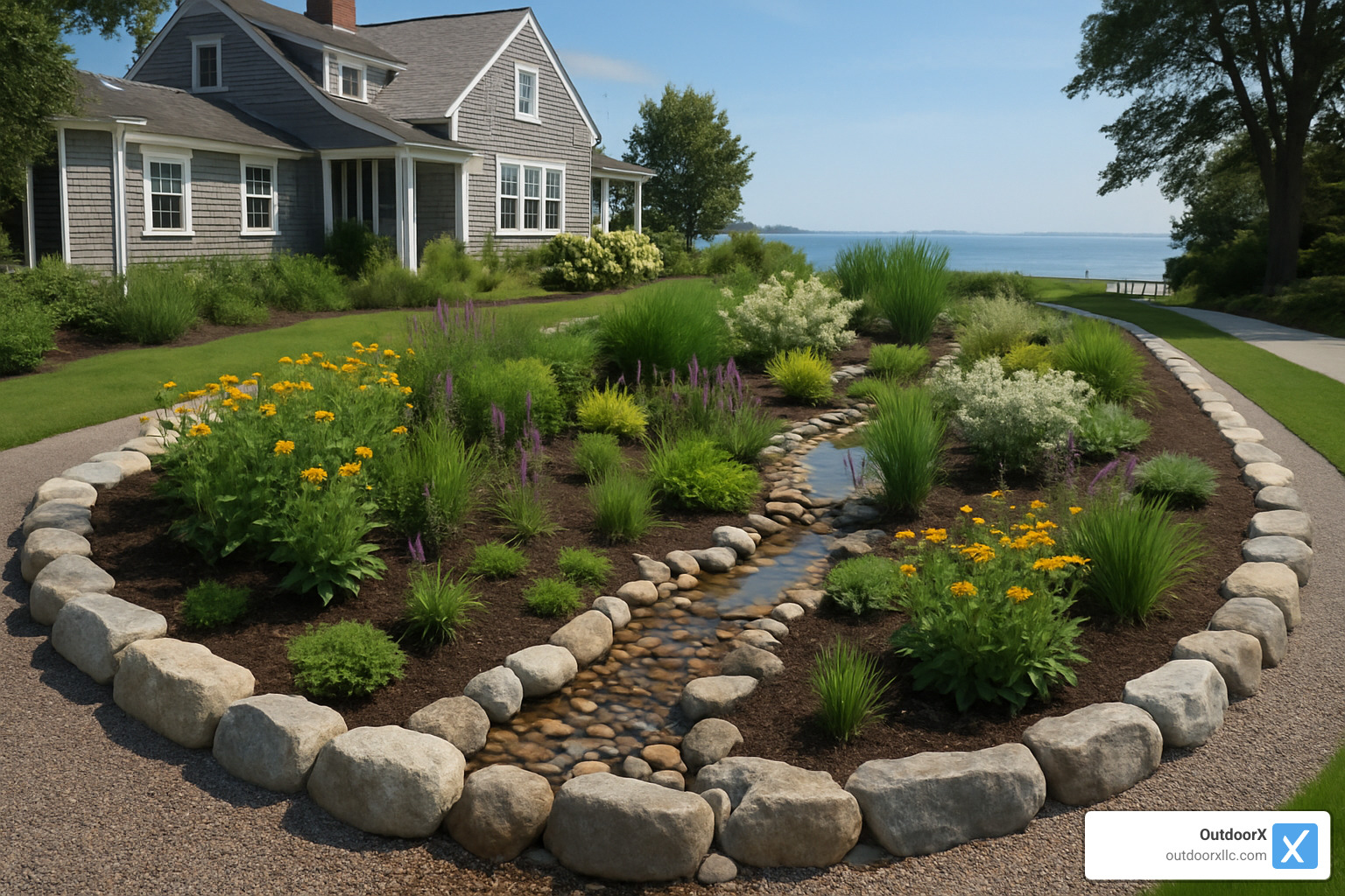Sustainable rain garden design for coastal New England - landscape architect salem ma