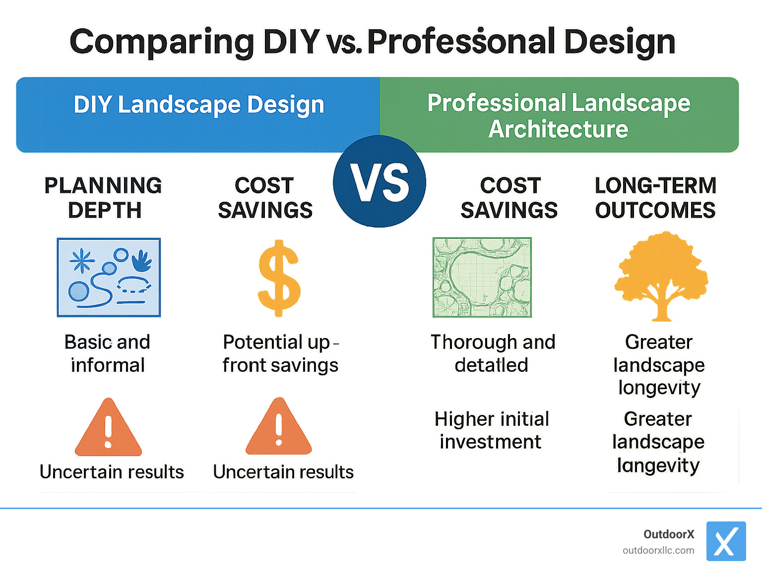 Comparison of DIY landscape design versus professional landscape architecture showing differences in planning depth, cost savings, and long-term outcomes - landscape architect salem ma infographic 