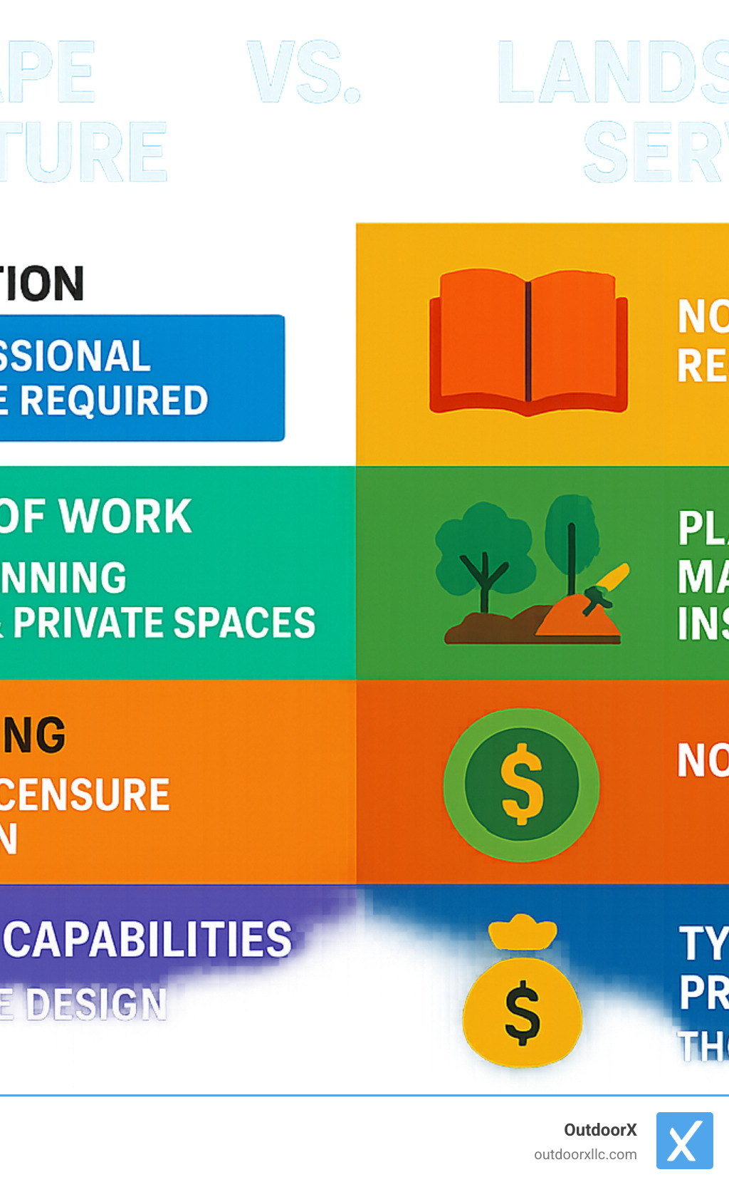 Comparison of landscape architecture vs landscaping services showing differences in education requirements, scope of work, licensing, design capabilities, and typical project costs - landscape architect salem ma infographic 