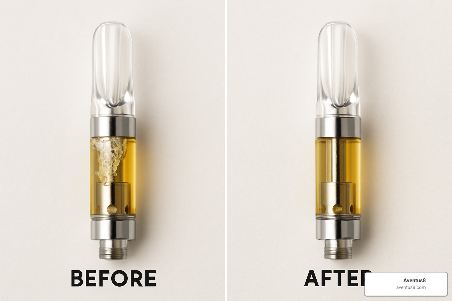 Crystallized CBD cartridge before and after warming - CBD vape pen ingredients