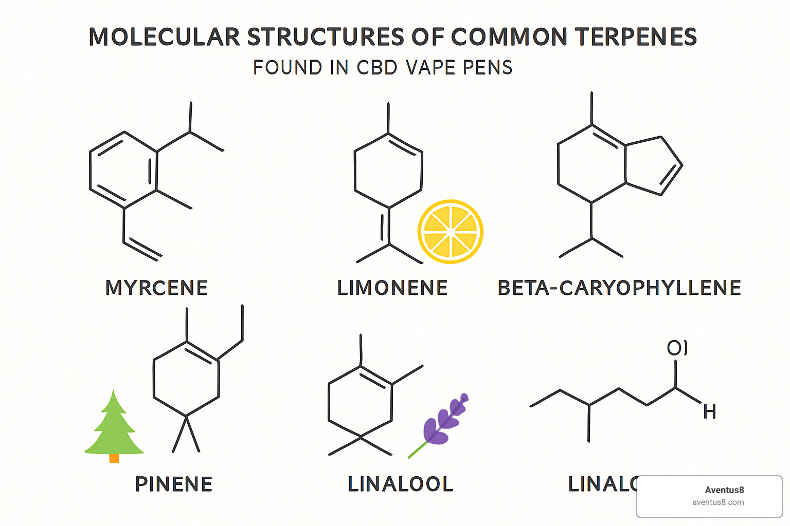 Terpene molecular structures with aroma descriptions - CBD vape pen ingredients