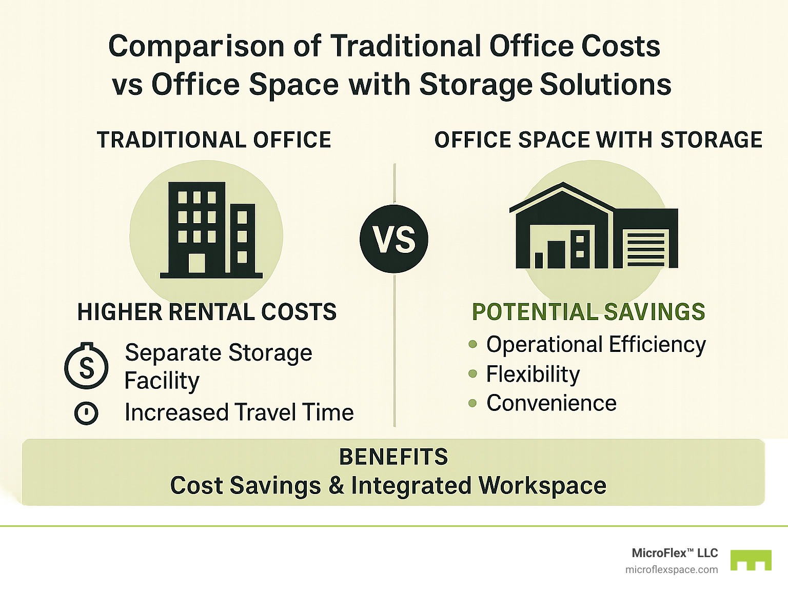 Comparison of traditional office costs vs office space with storage solutions showing potential savings and benefits - Office space with storage infographic