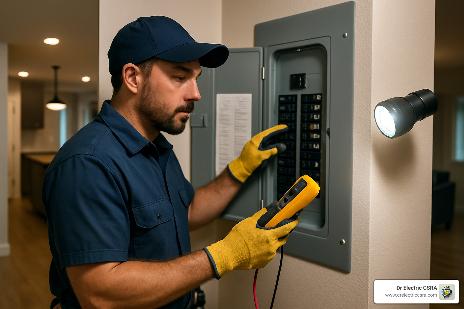 Master electrician inspecting a residential electrical panel with a multimeter, wearing gloves, in a modern home setting, highlighting electrical services and safety.