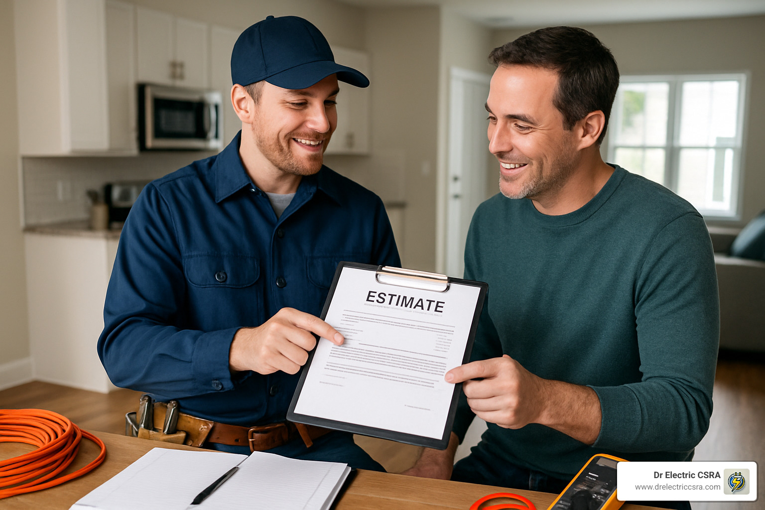 Electrician showing estimate to homeowner in a modern kitchen setting, emphasizing transparency in electrical service costs at Dr. Electric CSRA.
