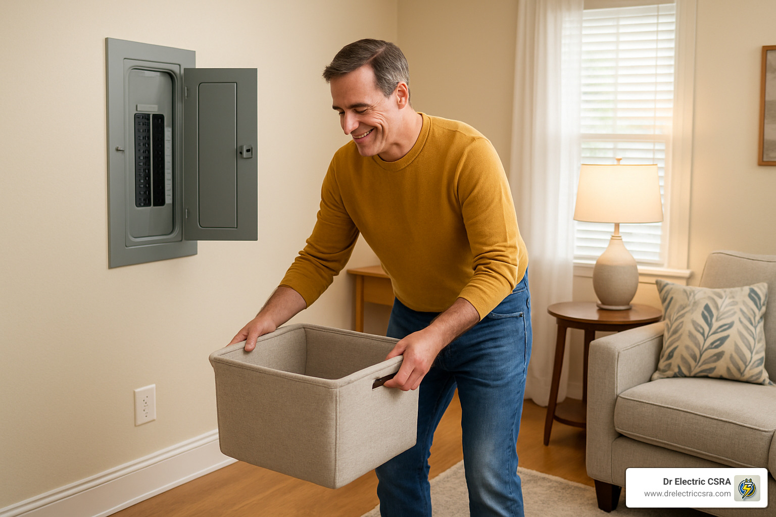 Man preparing for an electrician's visit by clearing access to an electrical panel, emphasizing home organization and readiness for electrical services.