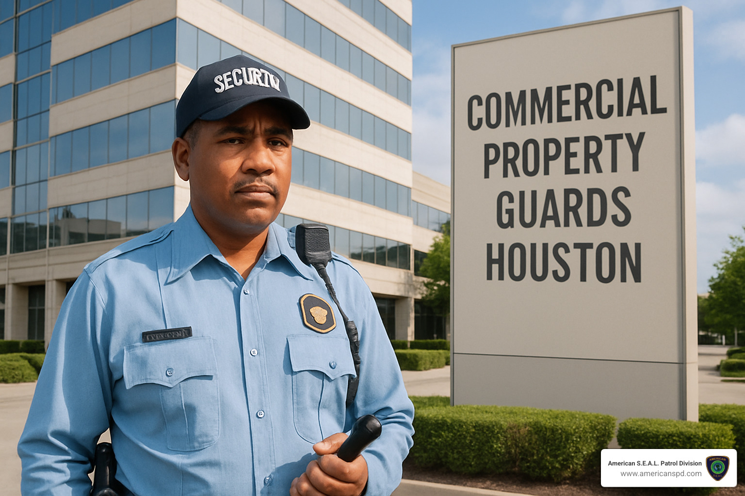 security guard monitoring property at night - Commercial property guards Houston