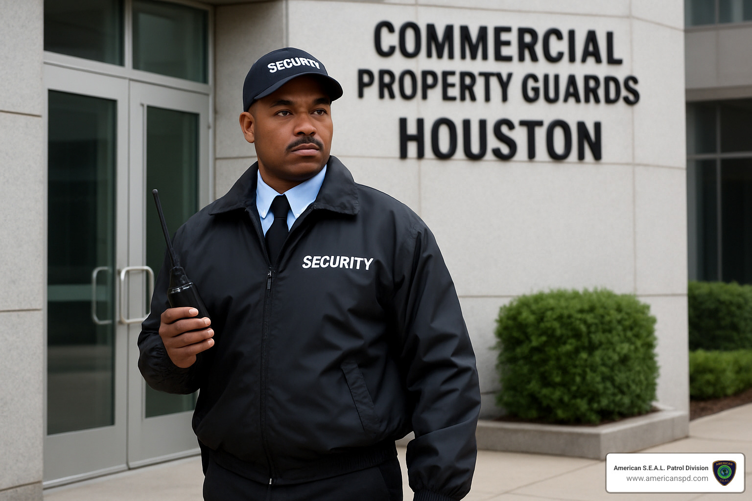 commercial property guard checking ID at building entrance - Commercial property guards Houston