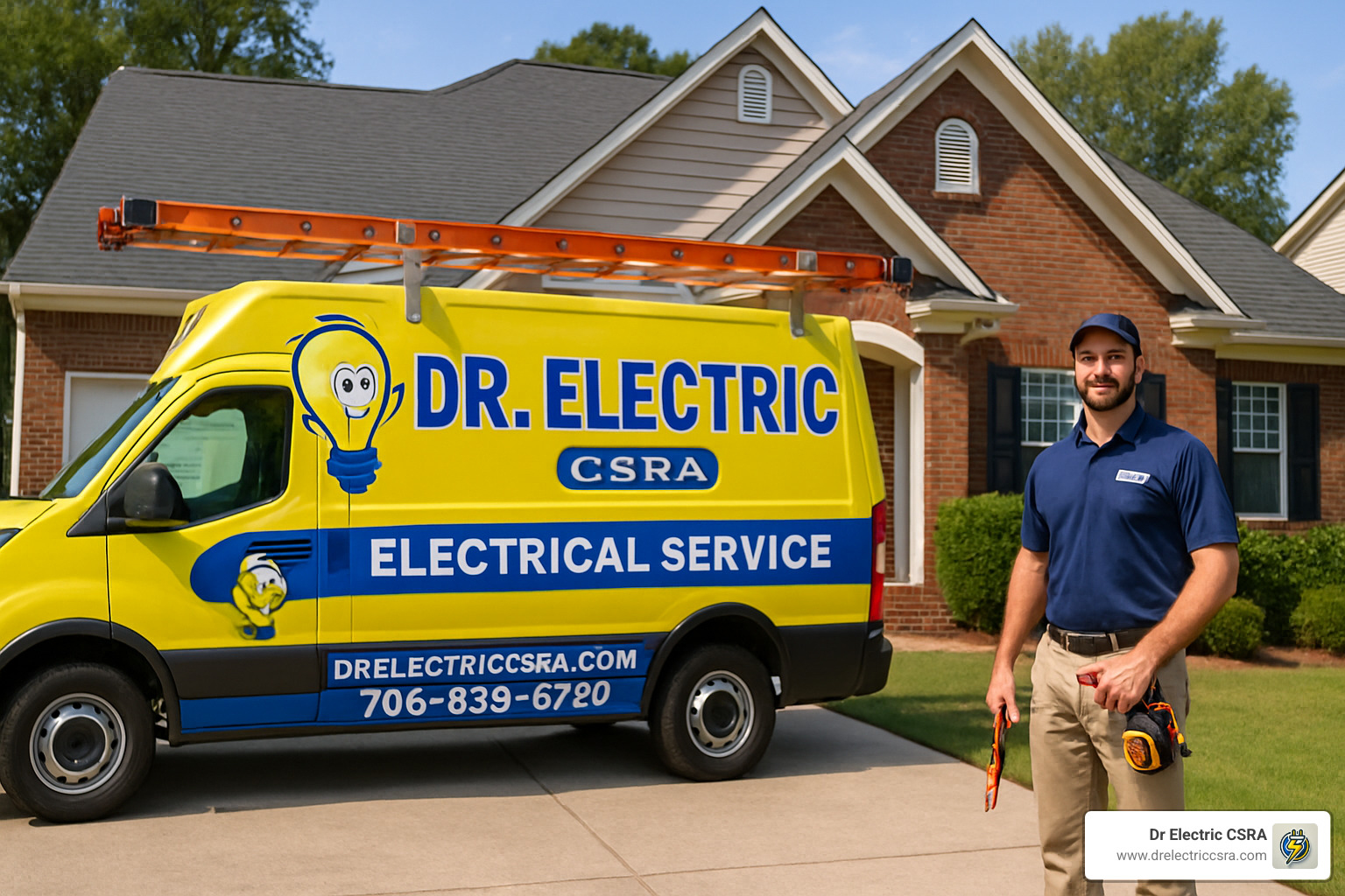 Electrician standing next to a bright yellow Dr. Electric CSRA service van in front of a residential home, holding tools and showcasing local electrical service expertise.