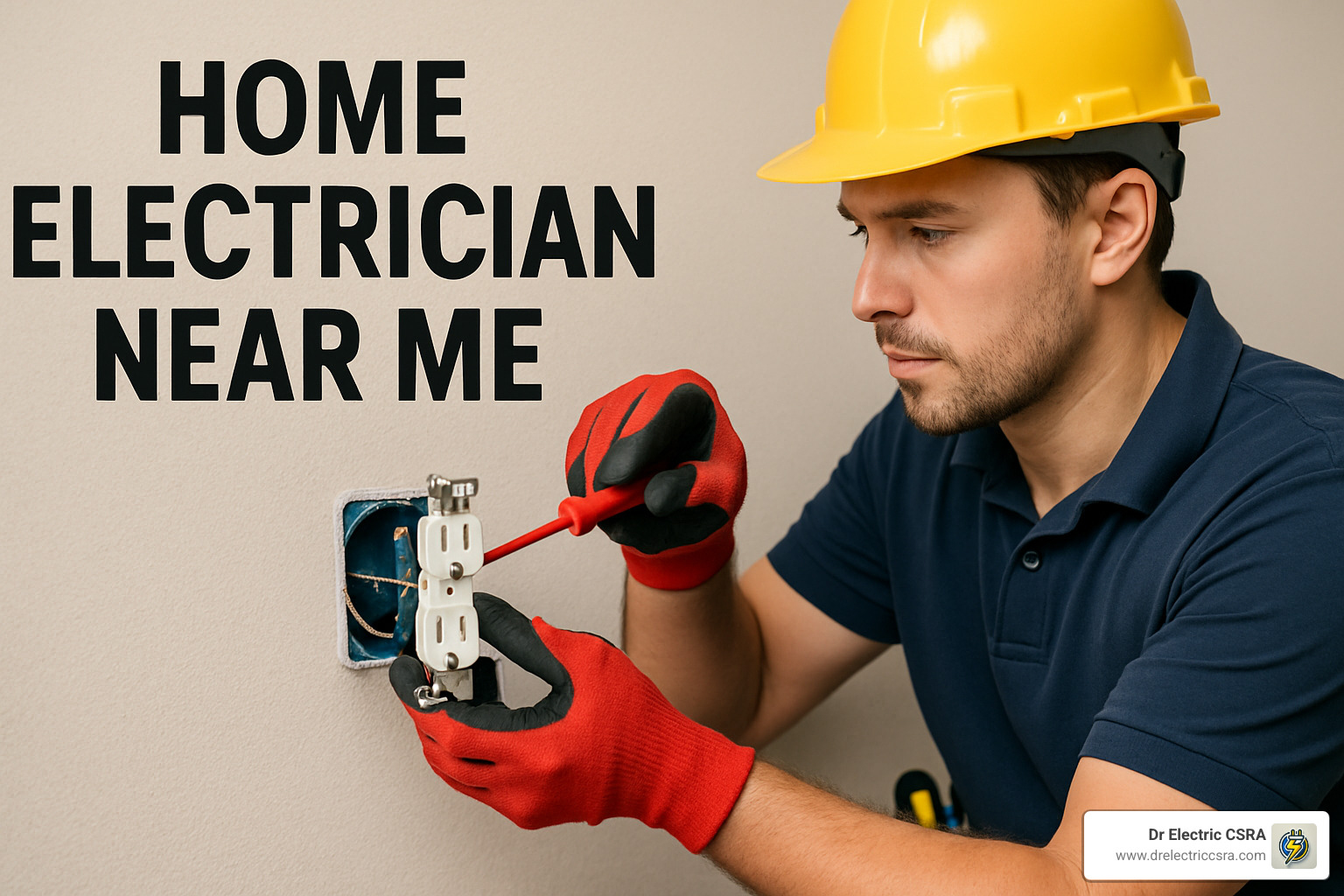 Home electrician near me, electrician in hard hat and gloves working on electrical outlet installation, emphasizing safety and emergency services.