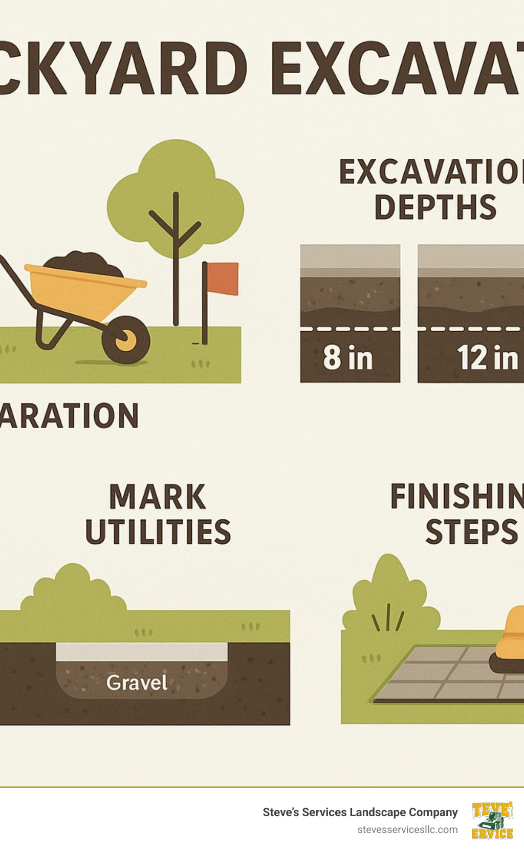 Detailed infographic showing backyard excavation process including site preparation, utility marking, excavation depths for different projects, and finishing steps - Backyard Excavation infographic 