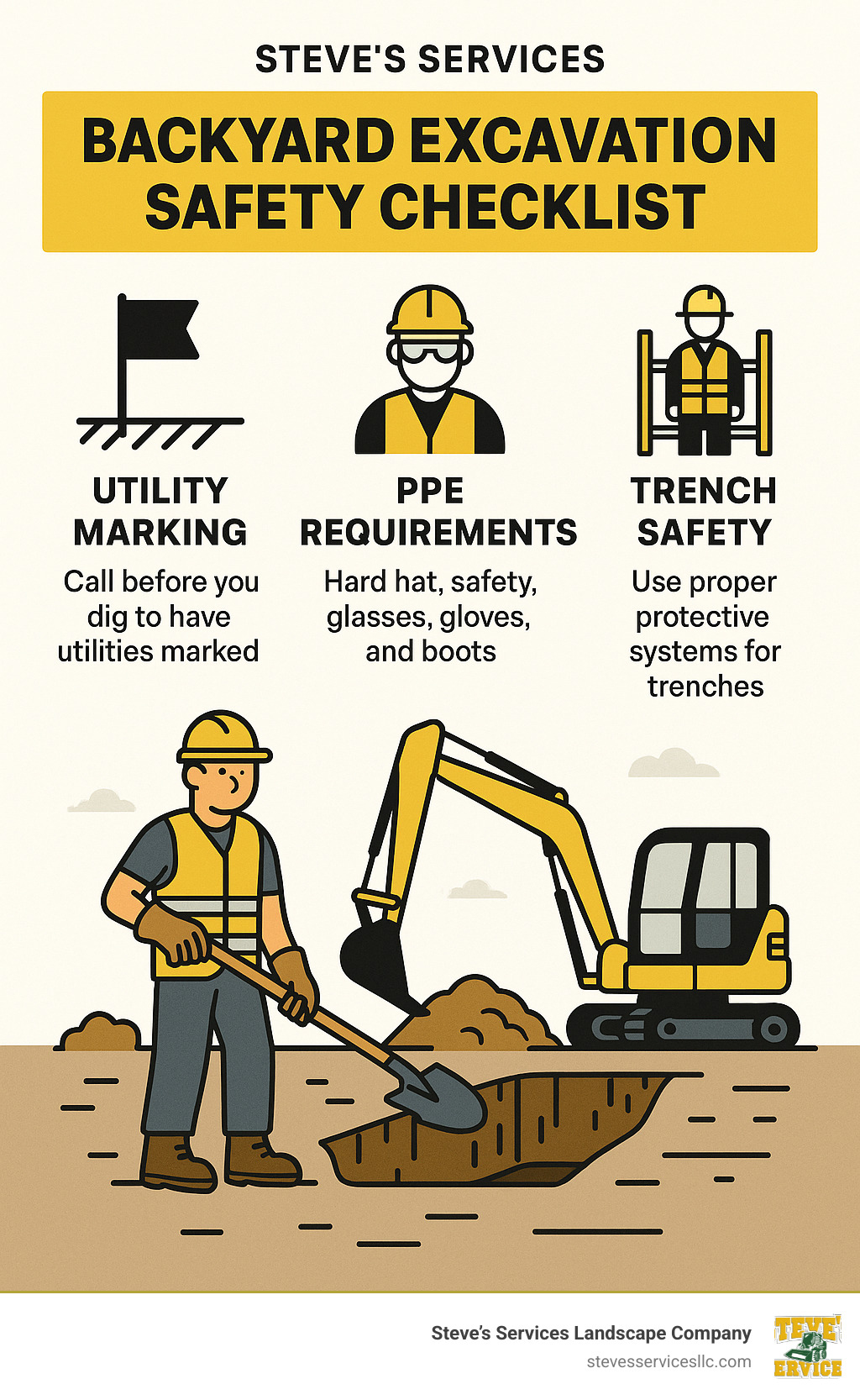 Infographic showing safety checklist for excavation including utility marking, PPE requirements, and trench safety measures - Backyard Excavation infographic 