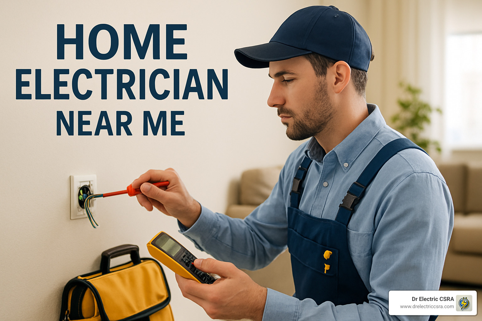 Electrician working on a home electrical outlet, using a screwdriver and multimeter, with text "HOME ELECTRICIAN NEAR ME" in the background, emphasizing residential electrical services.