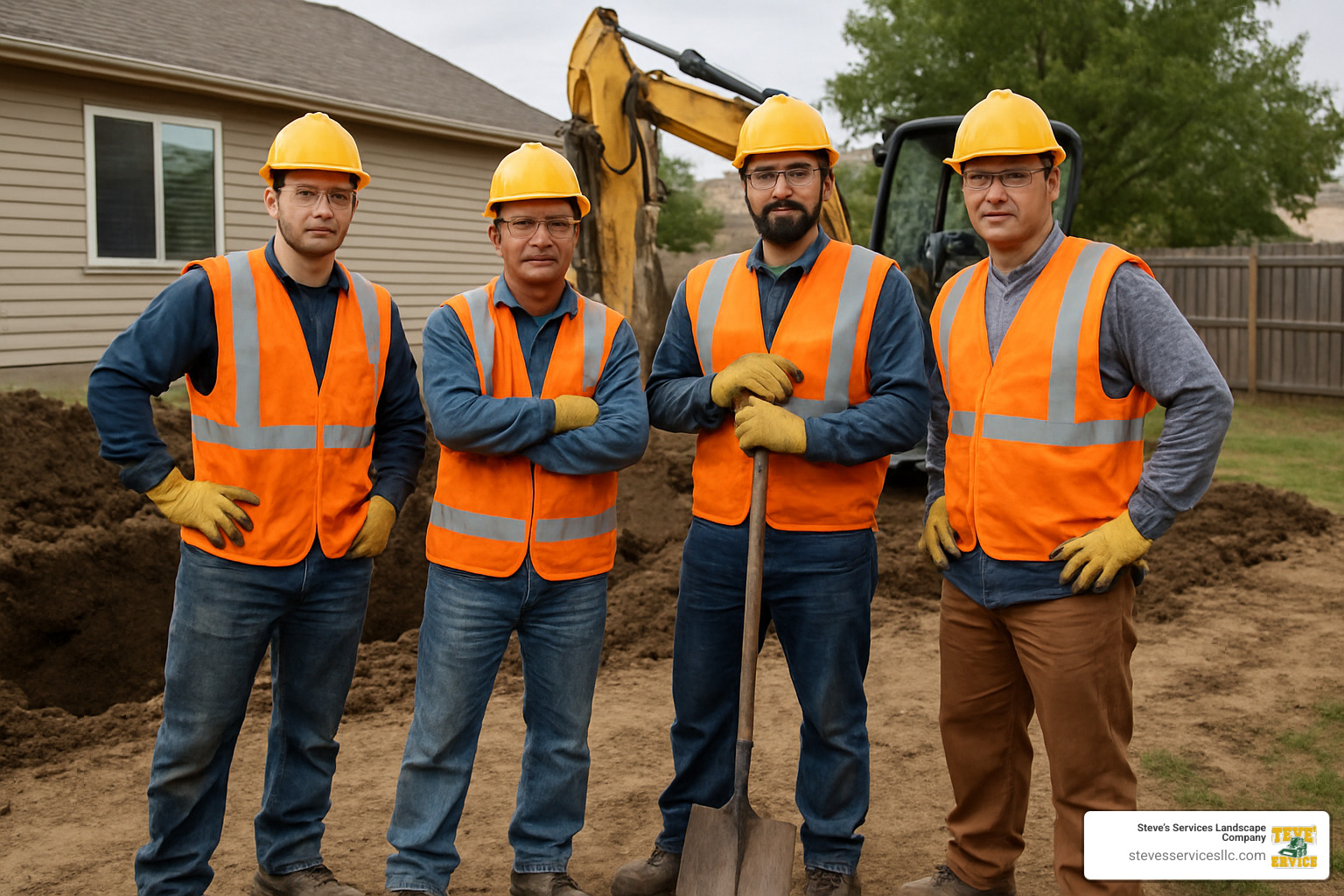 construction workers wearing safety gear at excavation site - Backyard Excavation