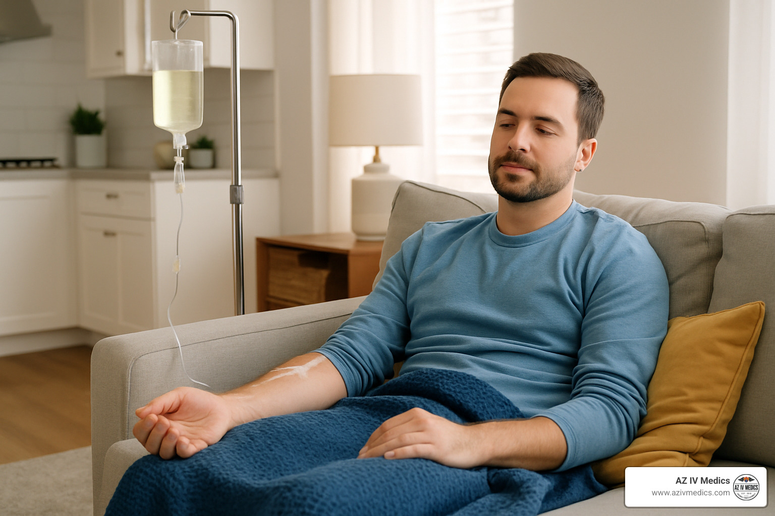 person receiving IV therapy at home while resting on couch - covid iv near me