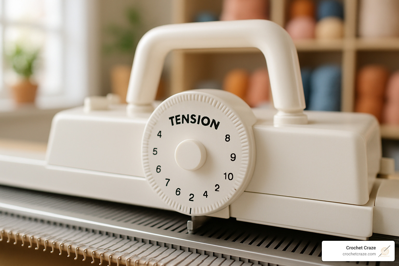 close-up of tension dial on knitting machine - knitting machine reviews