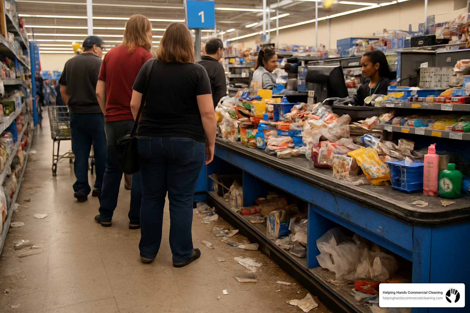 cluttered checkout line with dirt and debris - retail shopping spaces cleaning service