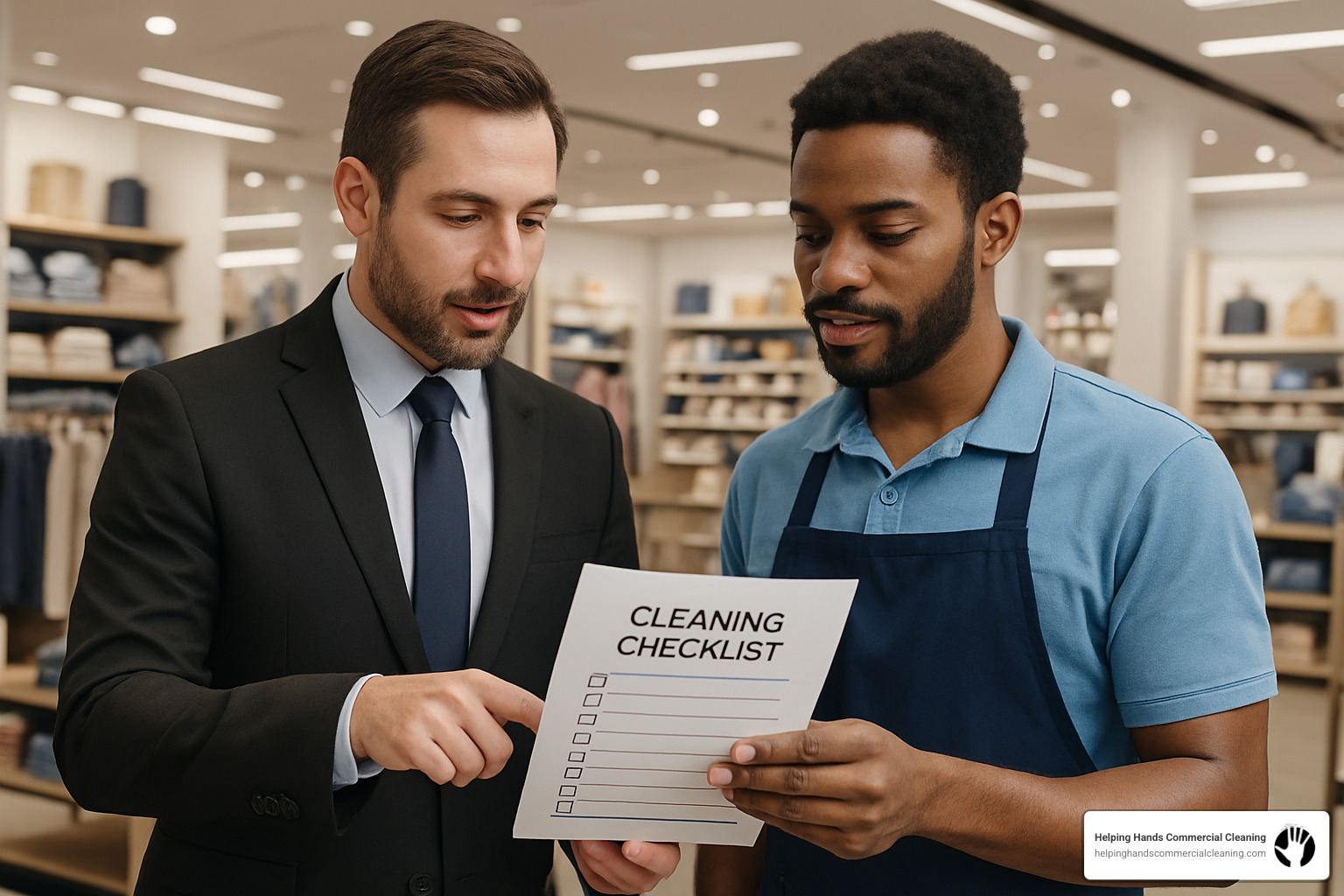 Cleaning checklist being reviewed by retail manager - retail shopping spaces cleaning service