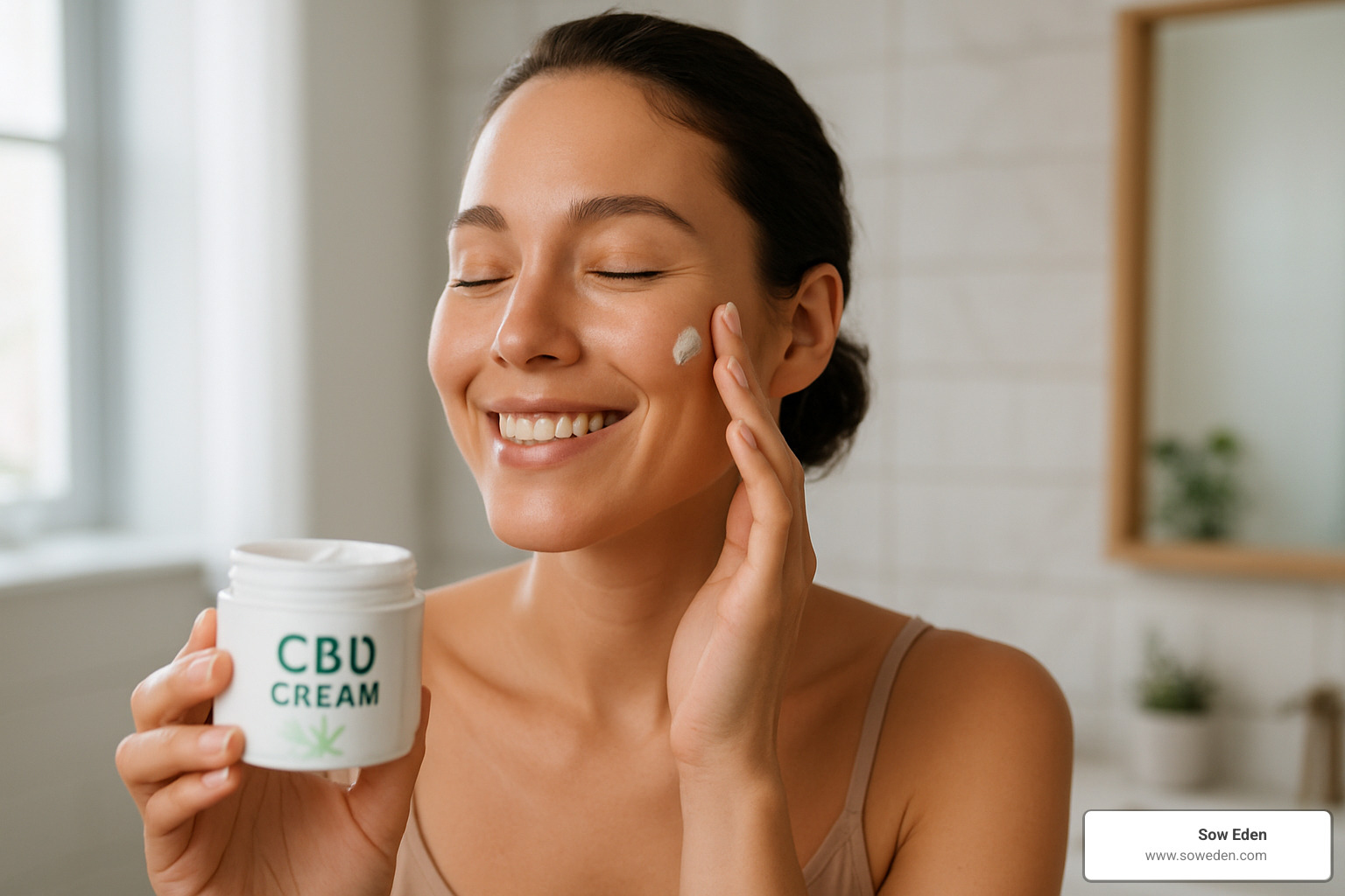 Woman applying CBD skincare product to face with visible improvement in skin texture - what are the benefits of cbd in skincare