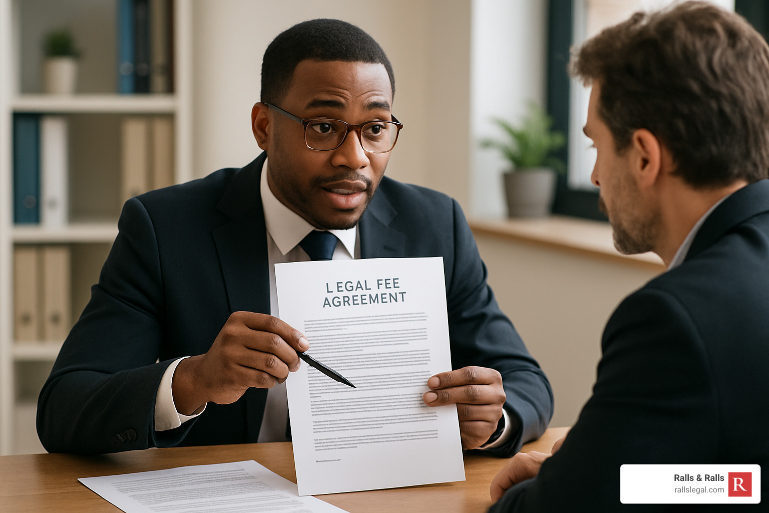 lawyer explaining fee agreement to client - Motorcycle accident lawyer fees