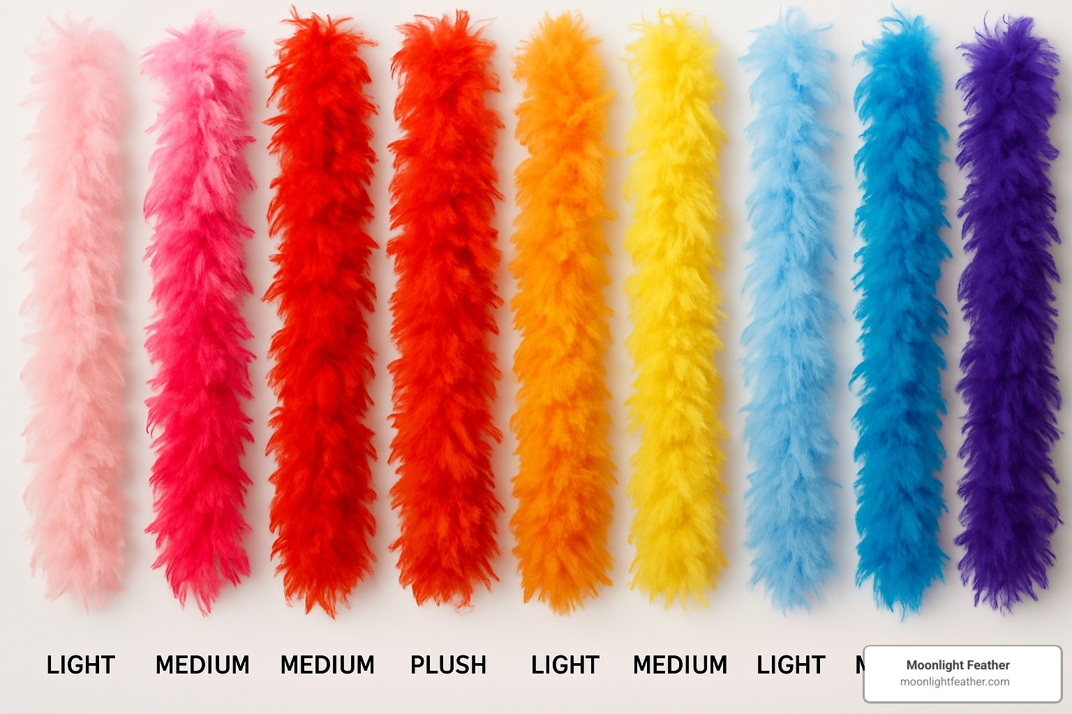 various weights of feather boas displayed side by side - bulk feather boas