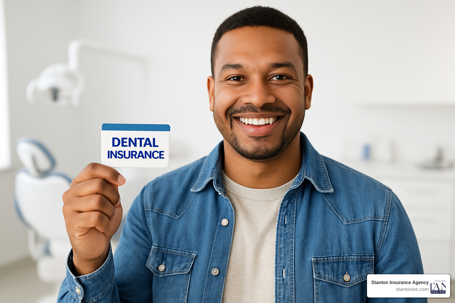 person smiling confidently while holding dental insurance card - dental insurance