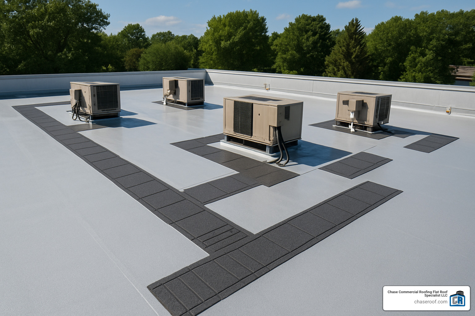Walkway pads and high-traffic areas on commercial roof - commercial roof sealing