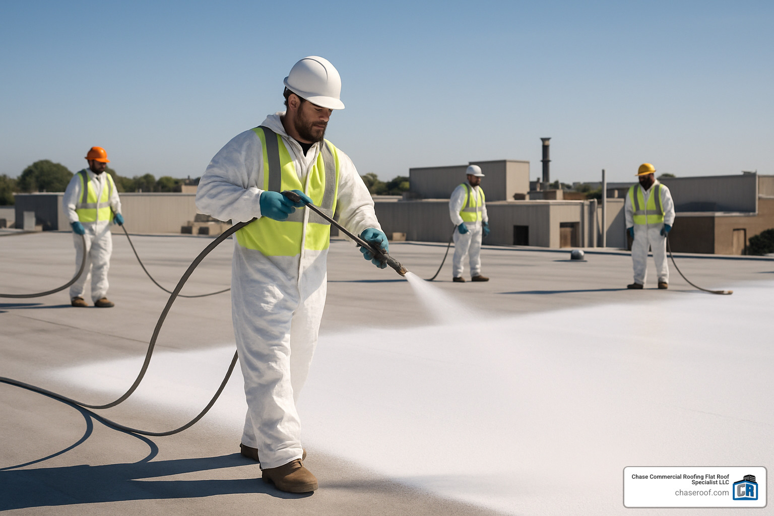 Crew spraying coating on commercial roof - commercial roof sealing
