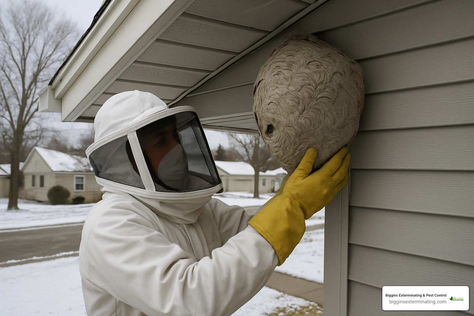Person wearing protective gear for wasp nest removal - can i remove a wasps nest in winter