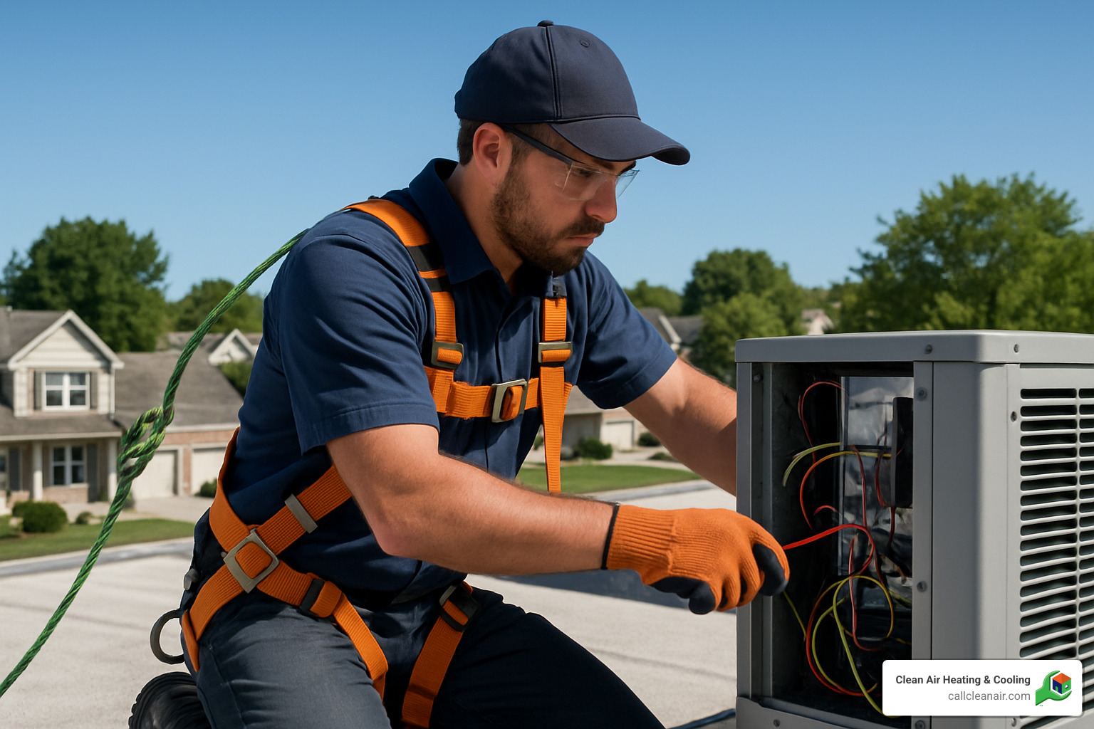 HVAC technician using safety harness on roof - hvac safety tips
